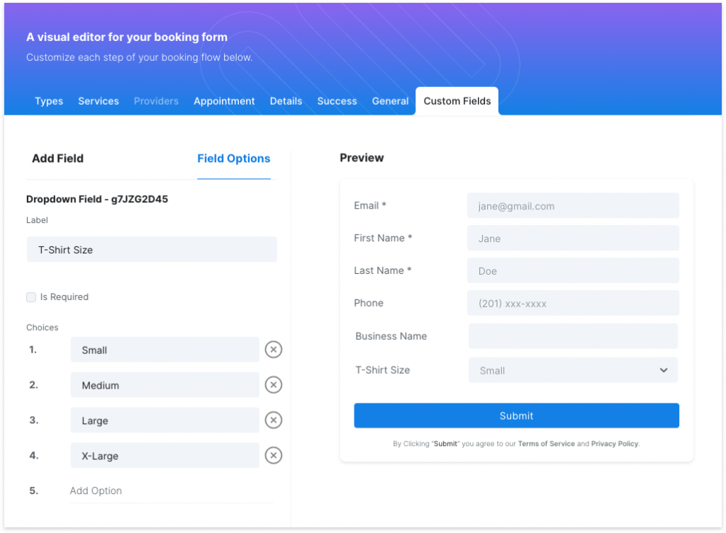 Start Booking - Custom Form Fields