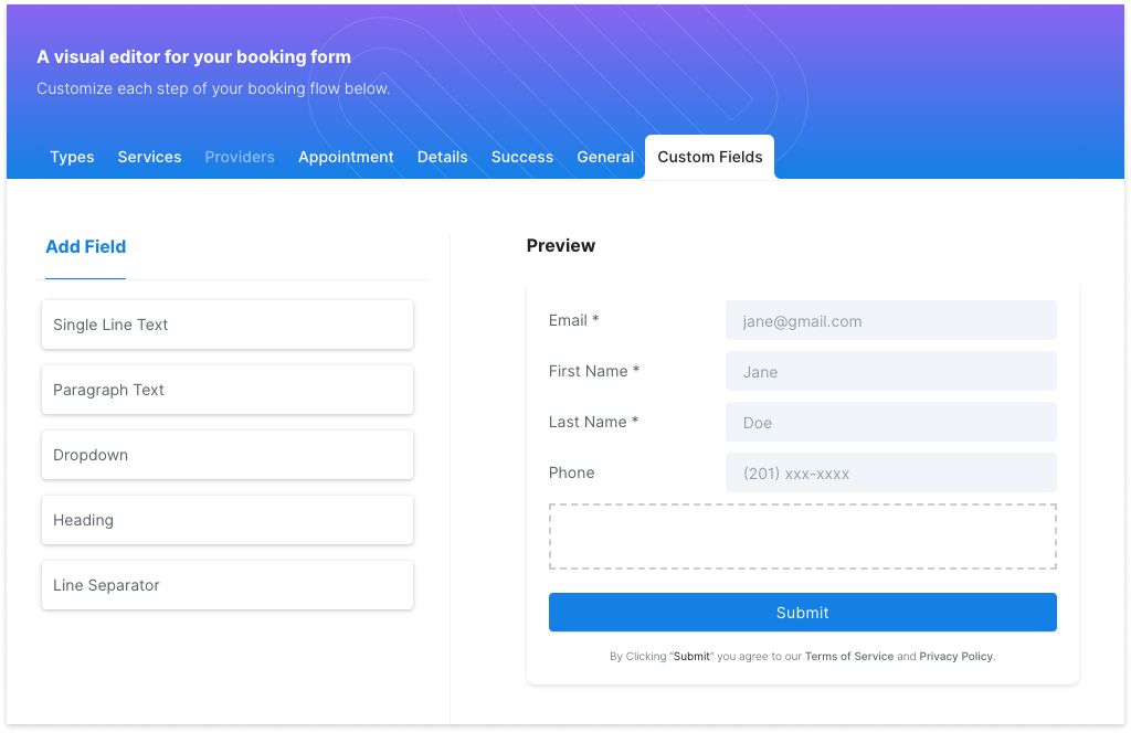Start Booking - Custom Form Fields