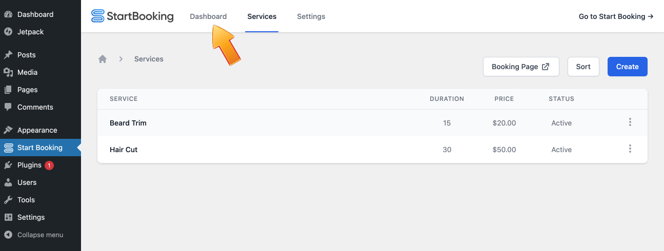 View Start Booking dashboard