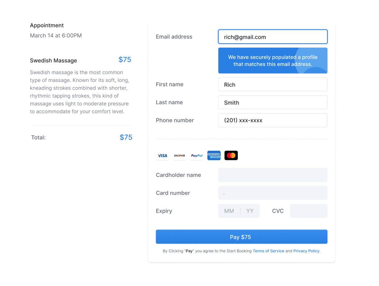 Online booking payment details